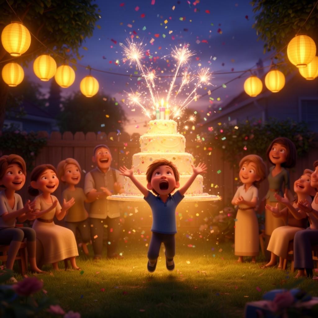 Sparkler birthday cake reveal in a backyard at dusk