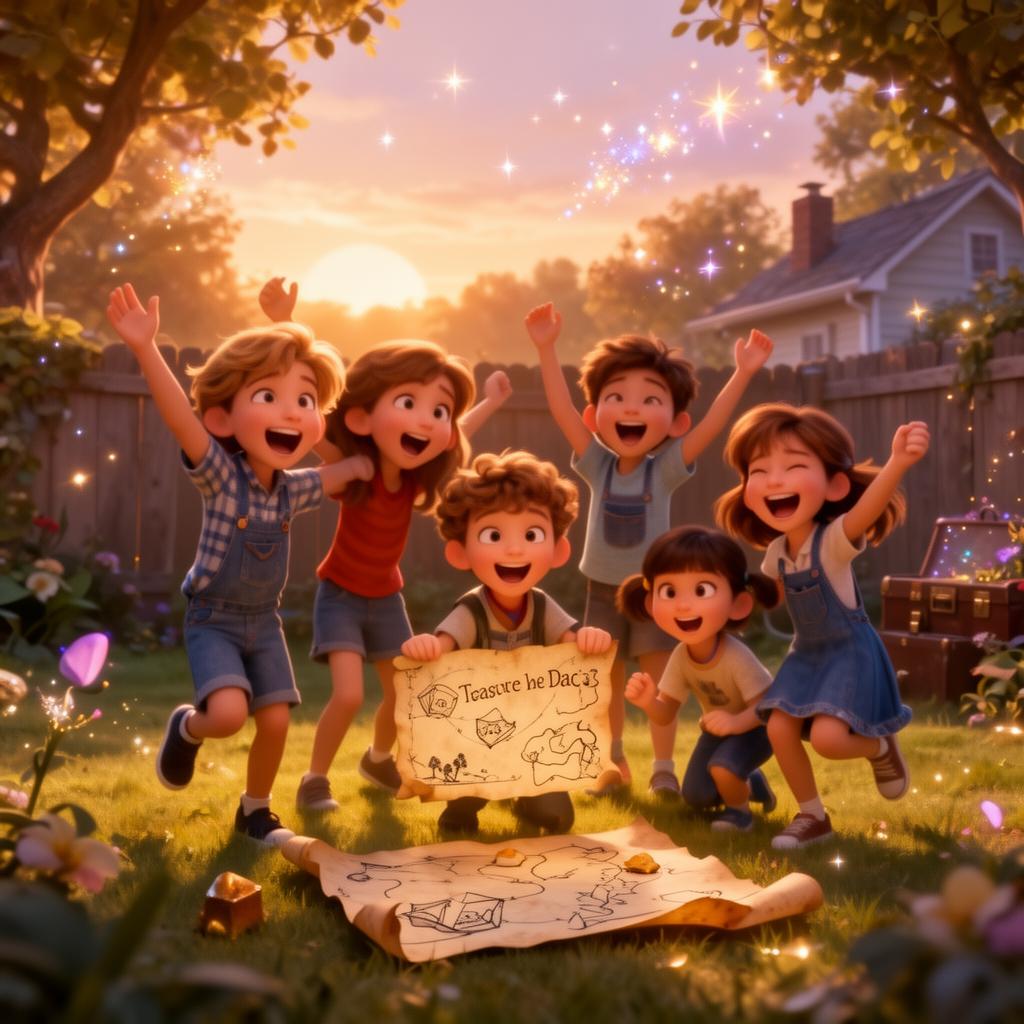 Friends cheering with a treasure map in a sunset backyard