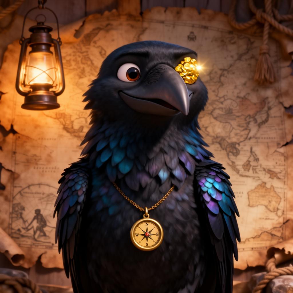 Jasper the Treasure Raven — cinematic storybook portrait